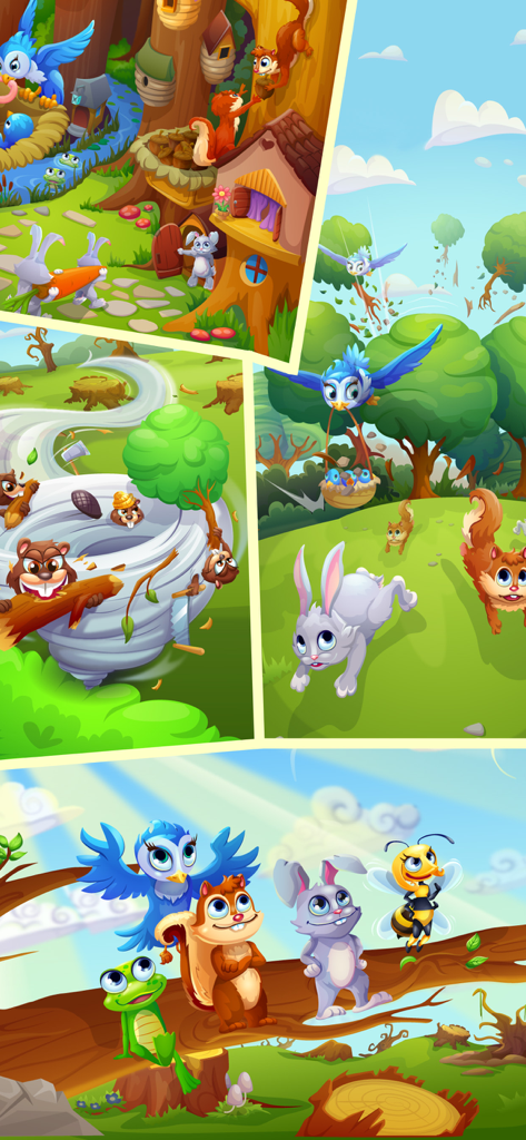 Forest Rescue: Match 3 Puzzle - Cartoon illustration of forest animals saving their home from evil beavers