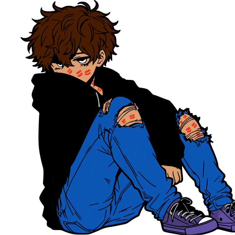 a male hoddie ripped jeans messy hair anime
