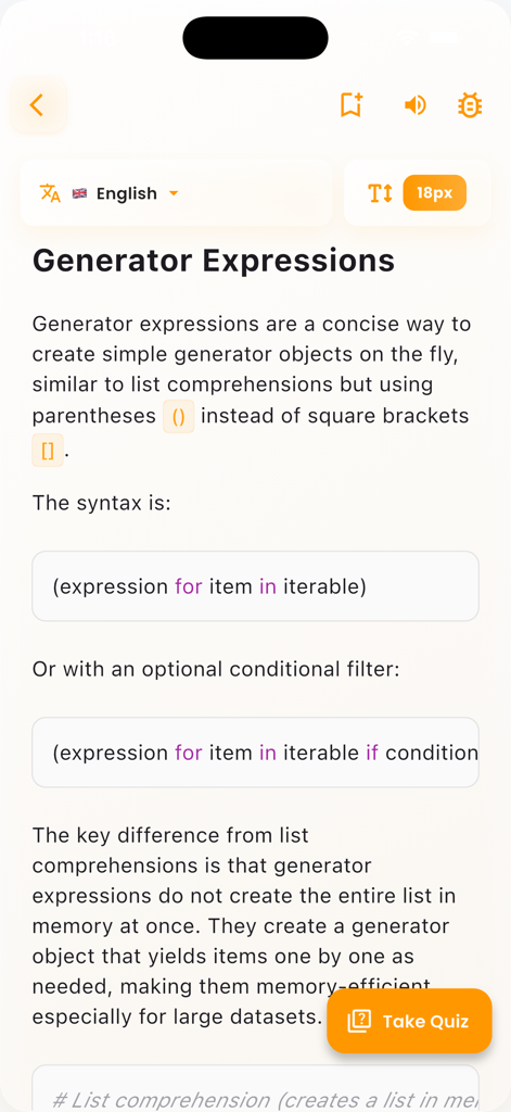 Python lesson screen about generator expressions with code syntax and a take quiz button