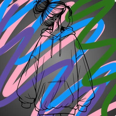 realistic girl with a oversized sweatshirt on and a bun