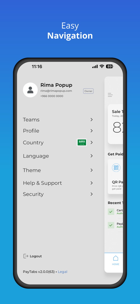 PayTabs - PayTabs mobile app navigation menu showing account profile and settings options