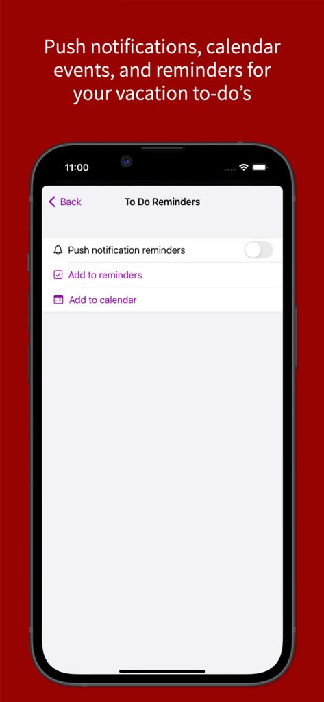 Countdown for Disney World - To Do Reminders screen showing settings for push notifications and calendar integration in the Disney countdown app.