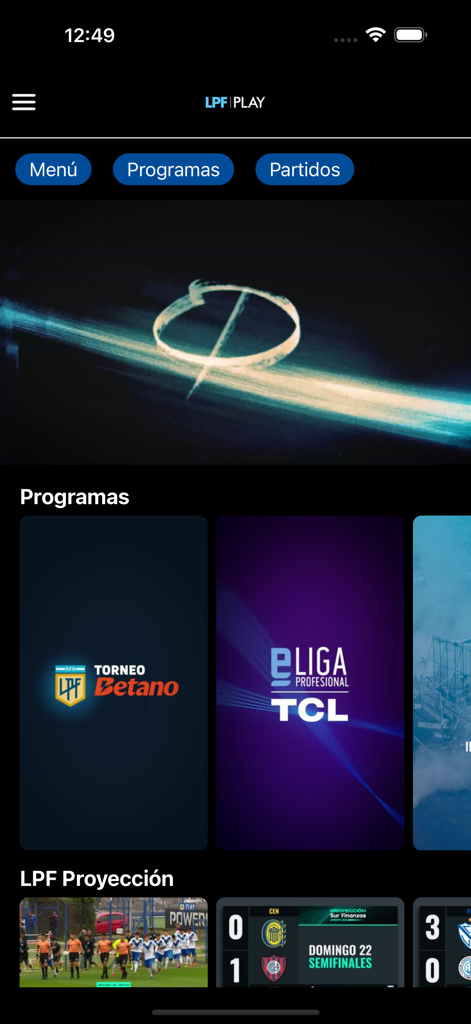 LPF Play app home screen showing football programs and match highlights