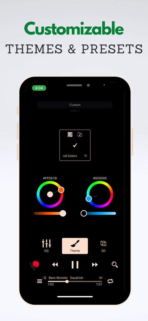 Music Player X : Equalizer - Music Player X app interface showing color wheel selectors for customizing the user interface theme