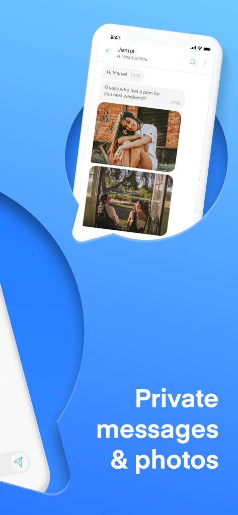 Text Vault - Texting App - A smartphone display of the Text Vault app showing a private conversation with text messages and photos from a contact named Jenna.