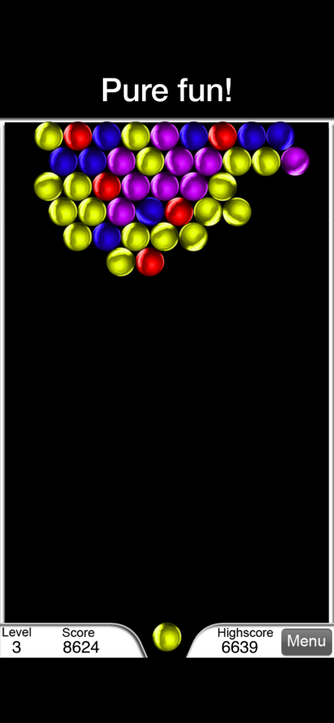 Bubble Mags - bubble shooter - Captura de pantalla del juego del juego móvil Bubble Mags mostrando el nivel tres con burbujas coloridas y el texto "pure fun"