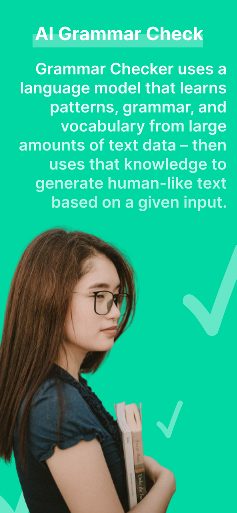 Grammar Checker AI for English - Bildschirm mit Bildungsinhalten der App, der einen Studenten mit Büchern und eine Erklärung des KI-Sprachmodells zeigt