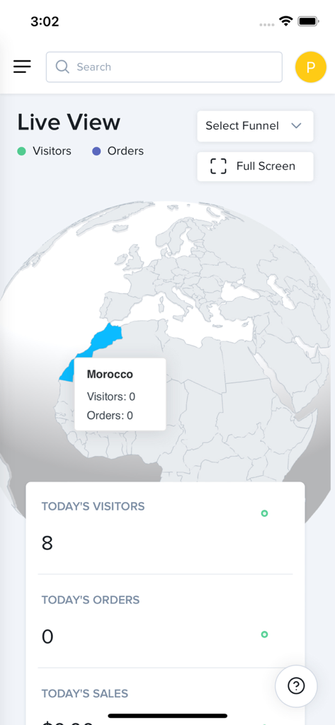 Lightfunnels - Lightfunnels Dashboard zeigt Live-Besucher und Bestellungen auf einer Weltkarte an