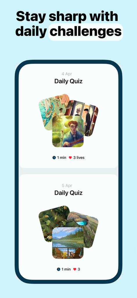 The daily quiz interface of the Word of the Day app showing illustrated challenge cards for different dates.