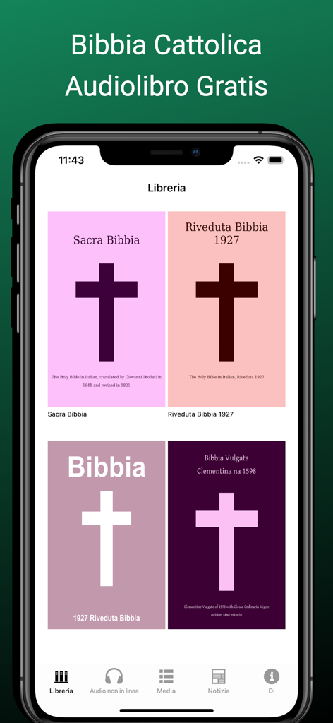 L'App Bibbia audiolibro - Catholic Bible audiobook app library showing different scripture versions