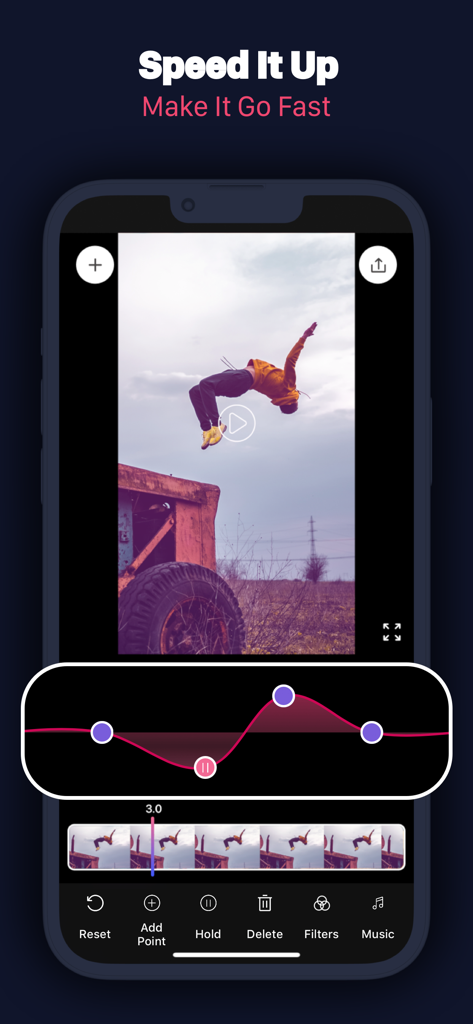 Slow Motion Video Maker Editor - Interface of the Slow Motion Video Maker Editor app showing the speed ramping tool to speed up a video.