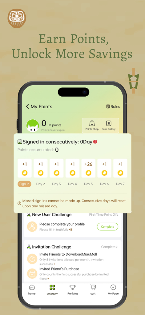MiauMall - Direct from Japan - Pantalla de la aplicación MiauMall mostrando el sistema de puntos y las recompensas por inicio de sesión diario para obtener descuentos en productos japoneses.