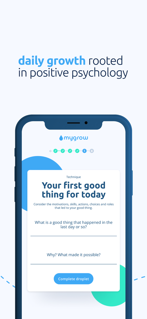 Mygrow - Develop EQ - Mygrow app interface showing a daily positive psychology exercise titled Your first good thing for today