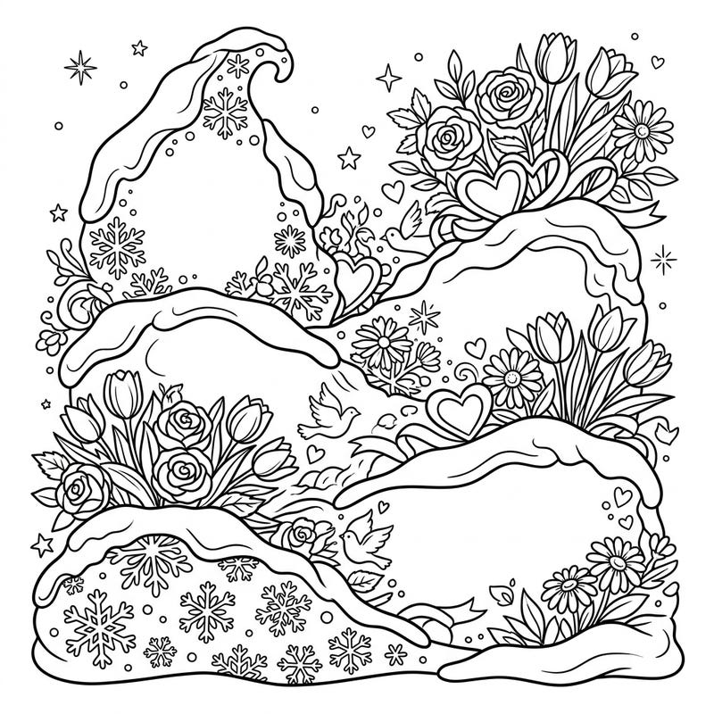 Unleash your creativity with this enchanting Mother's Day coloring page, uniquely blending delicate snowdrifts with vibrant floral bouquets. It's the perfect way to celebrate Mom with a touch of unexpected winter charm and heartfelt beauty.