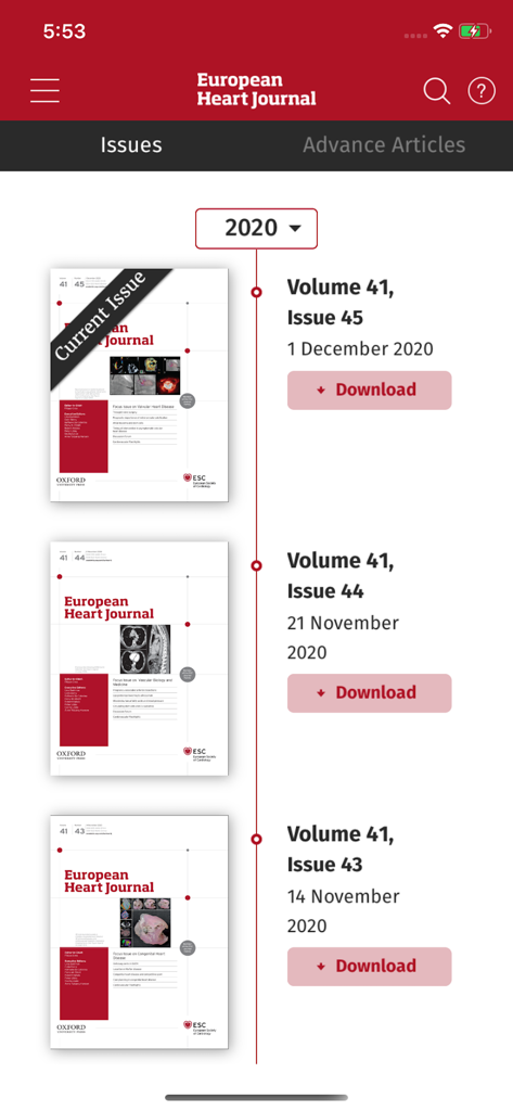 List of European Heart Journal issues with download buttons in the ESC Journals app