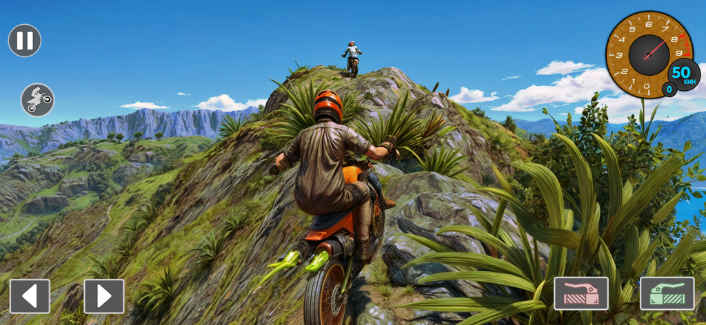 Un corredor de moto navegando por un empinado sendero rocoso de montaña con otro corredor a lo lejos