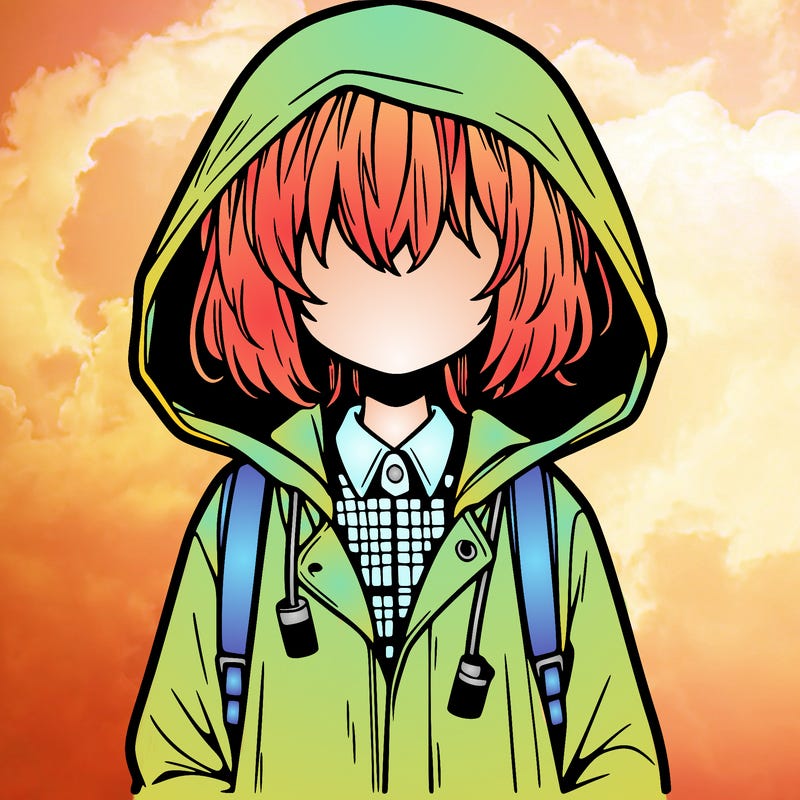 little anime girl in a raincoat her hair is covering her eyes she has a lighter