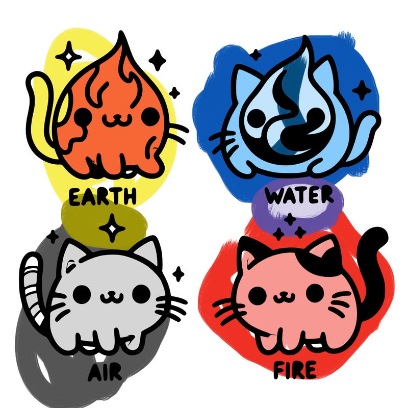 4 cats that represent the different elements, earth, water, air, and fire