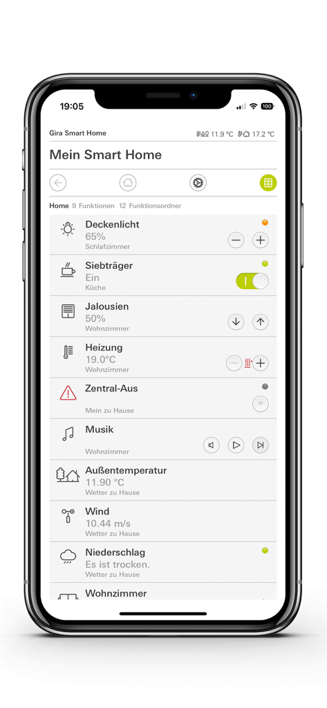 Gira Smart Home - Gira Smart Home app dashboard with lighting and heating controls