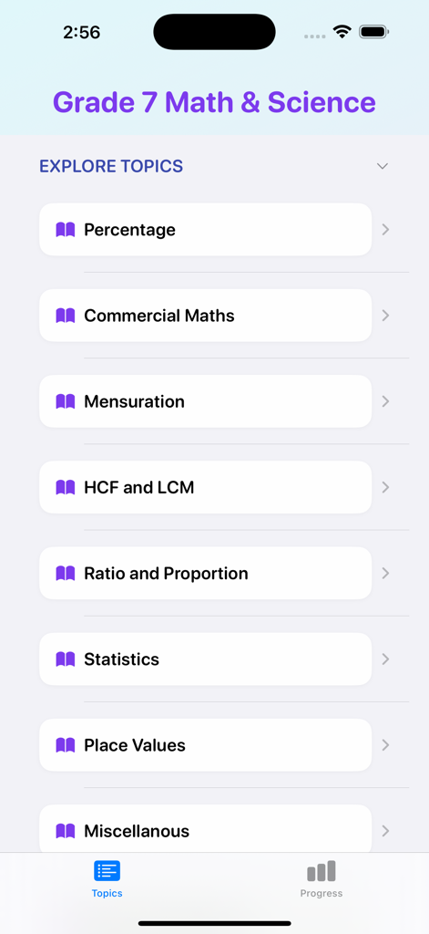 Grade 7 Math & Science - Interface of Grade 7 Math and Science app showing a list of study topics like Percentage and Statistics