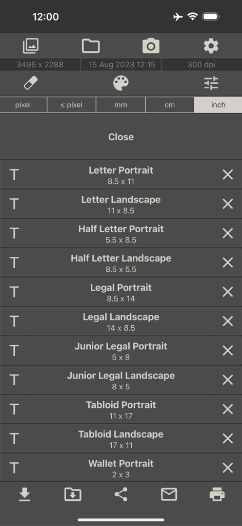 Screenshot dell'app Dimensioni Immagine che mostra un elenco di preset di dimensioni carta standard tra cui Letter Legal e Tabloid in pollici