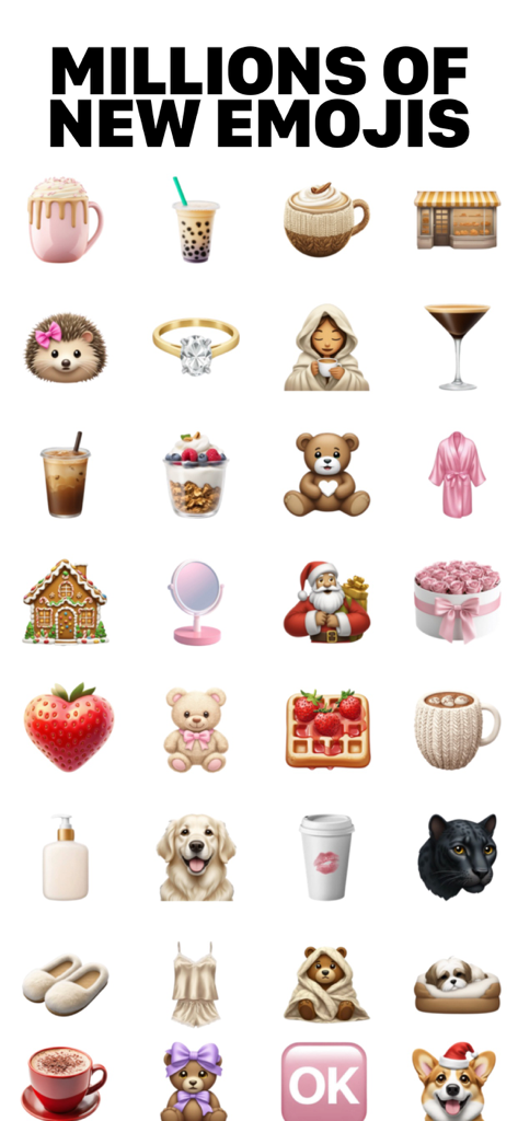 Une collection diversifiée d'emojis générés par IA, comprenant des animaux, de la nourriture et des icônes de style de vie.