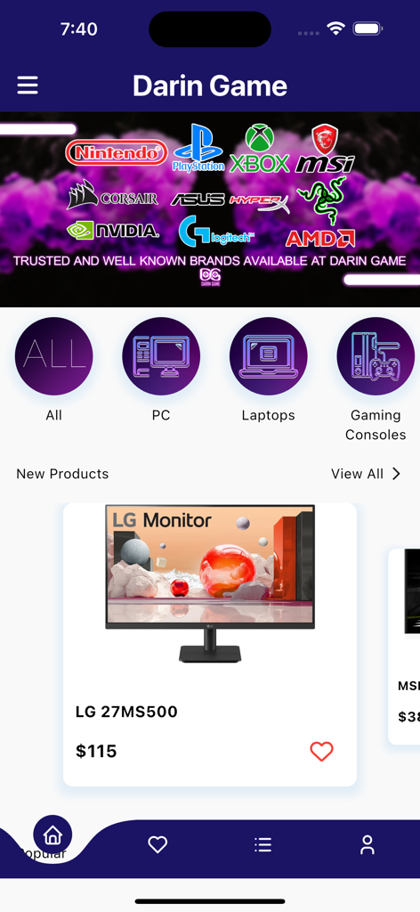 Darin Game - The home screen of the Darin Game app displaying gaming product categories and an LG monitor for sale