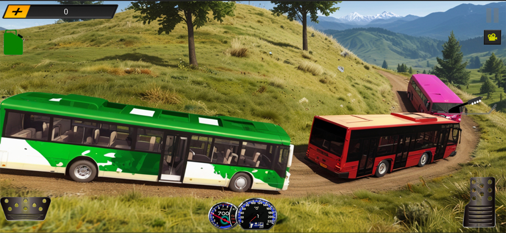 A green bus and a red bus driving on a winding mountain dirt road in a simulation game