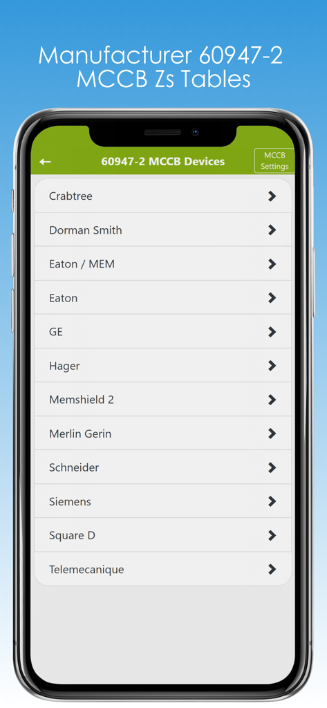 Max Zs Values - List of MCCB manufacturers in the Max Zs Values app for electrical engineers