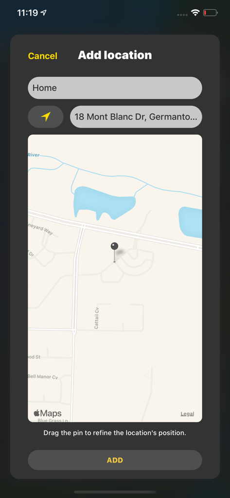 Interface of the StormWatch plus app for adding a specific location to receive weather alerts, showing a map and address field