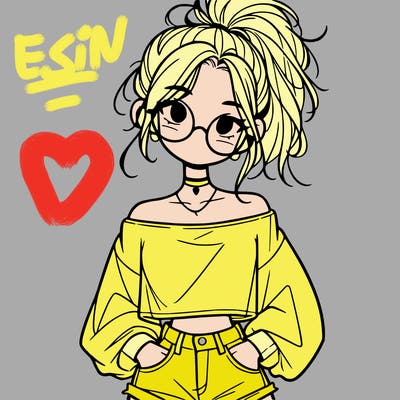 girl with a messy ponytail glasses a baggy crop top and jean shorts