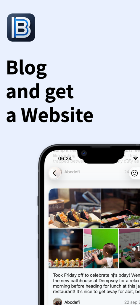 BlogIt - diary, journal, blog - Smartphone screen displaying the BlogIt app interface with a lifestyle blog post containing a photo grid and text under the headline Blog and get a Website