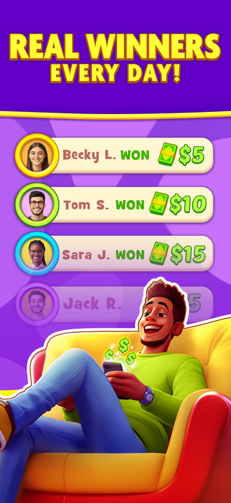Win Money Solitaire - A promotional screen for Win Money Solitaire showing a list of daily winners and a man celebrating a cash prize on his phone.