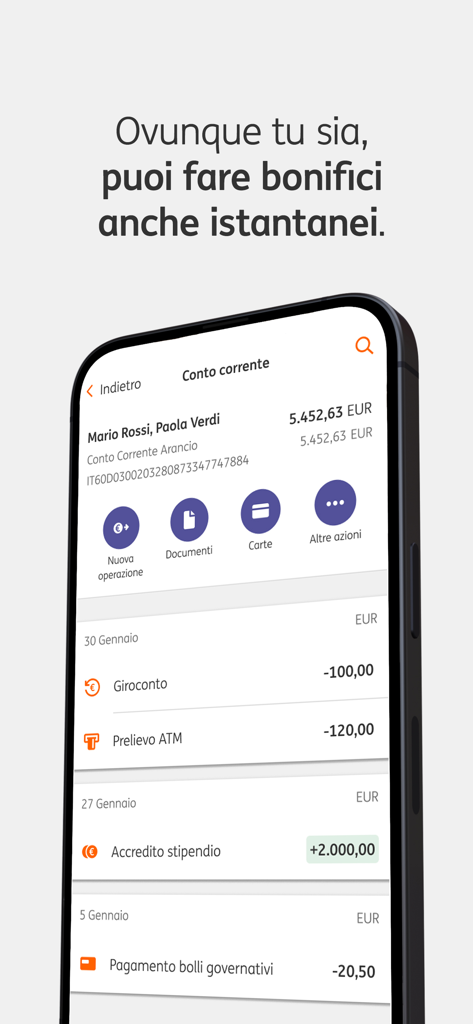 ING Italia - Banca Online - Interfaccia mobile dell'app bancaria ING Italia che mostra il saldo del conto e l'elenco delle transazioni per trasferimenti istantanei