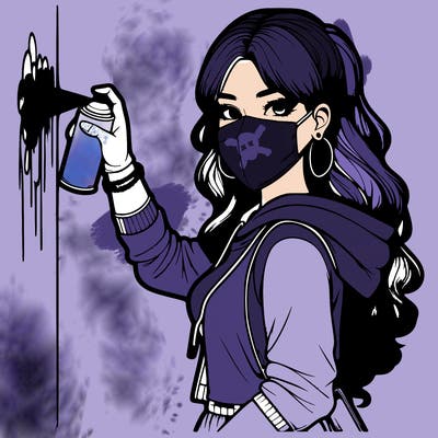 realistic girl with mask spray painting a wall