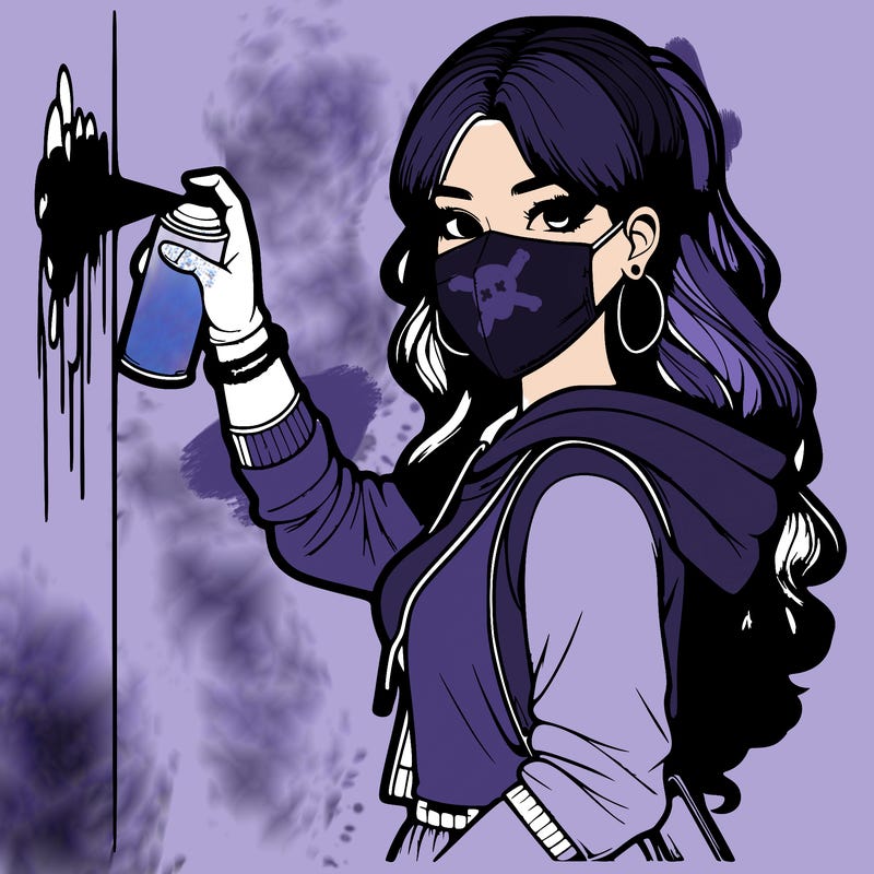 realistic girl with mask spray painting a wall