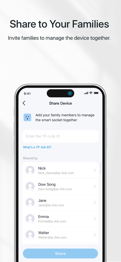 TP-Link Tapo app interface showing the device sharing screen to invite family members to manage smart home devices together.