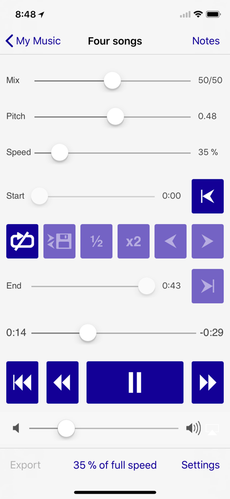 Amazing Slow Downer Lite - Amazing Slow Downer Lite app interface with pitch and speed controls