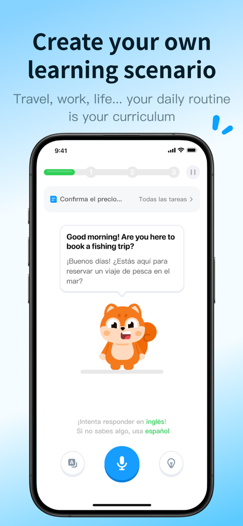 Lingtas – Real World English. - Lingtas app interface showing a custom English conversation scenario with an AI squirrel character.