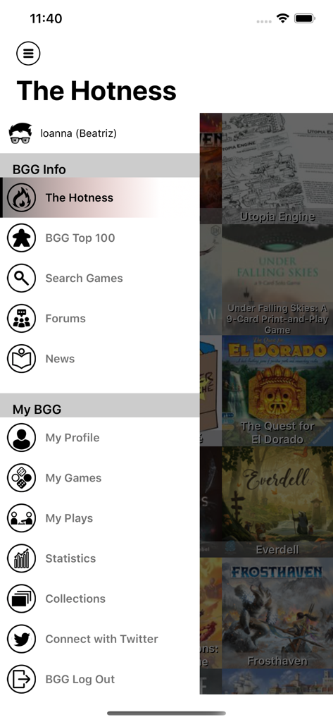 BGG BoardGames Information - Menú de navegación móvil para la aplicación BGG BoardGames Information que muestra secciones para juegos populares, seguimiento de colección y foros de la comunidad.