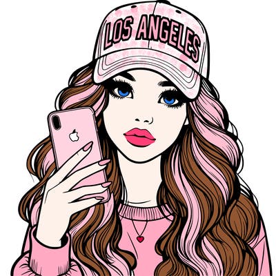 realistic beautiful girl wearing los ángeles cap holding an iphone