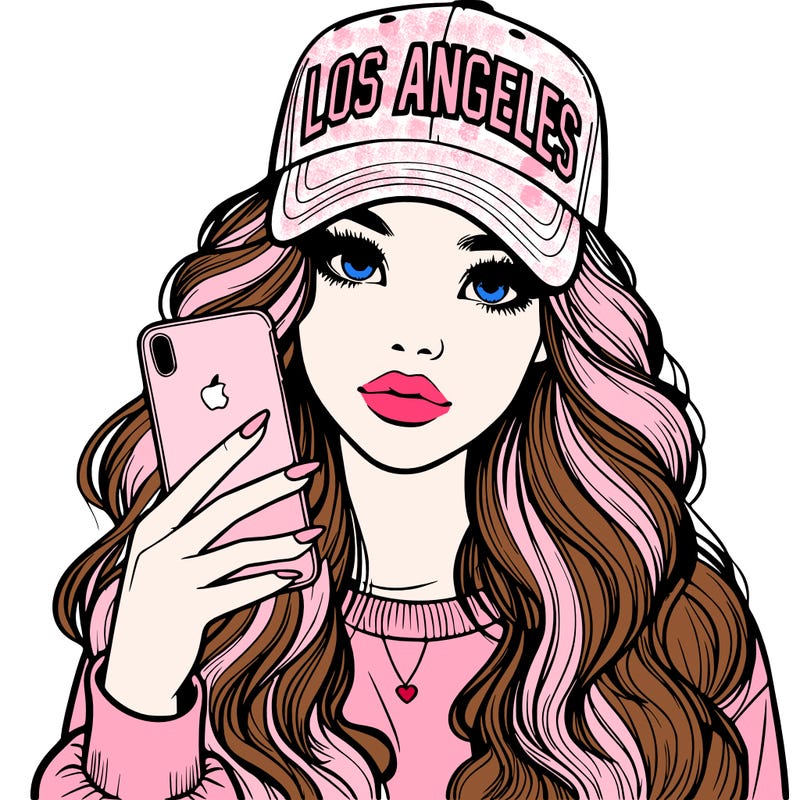 realistic beautiful girl wearing los ángeles cap holding an iphone