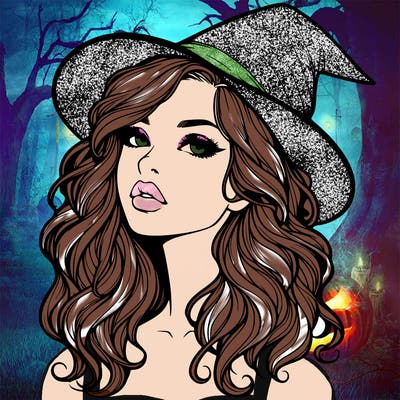 realistic witch girl with wavy hair and lips