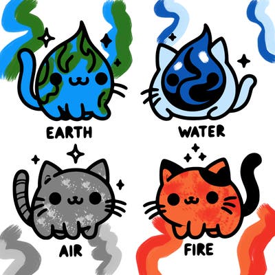 4 cats that represent the different elements, earth, water, air, and fire