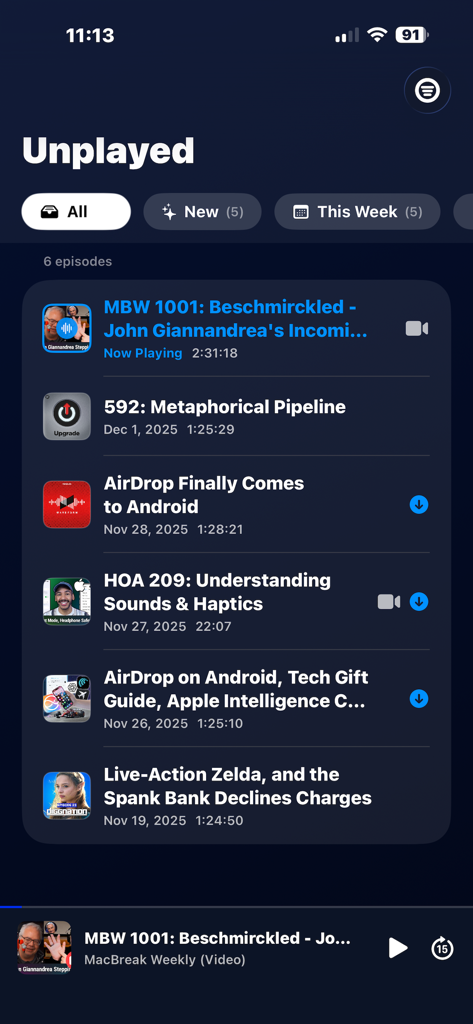 A list of unplayed podcast episodes in the Modcast app showing a clean dark mode interface with audio and video options.