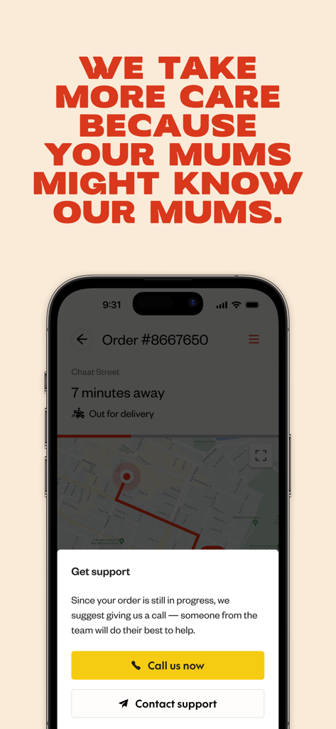 Delivereasy app screen showing live order tracking and a pop-up window offering human-centered customer support via phone call