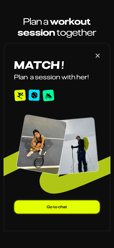 bpm - sport & athletes dating - A match screen on the bpm dating app showing two fitness enthusiasts with an invitation to plan a workout together