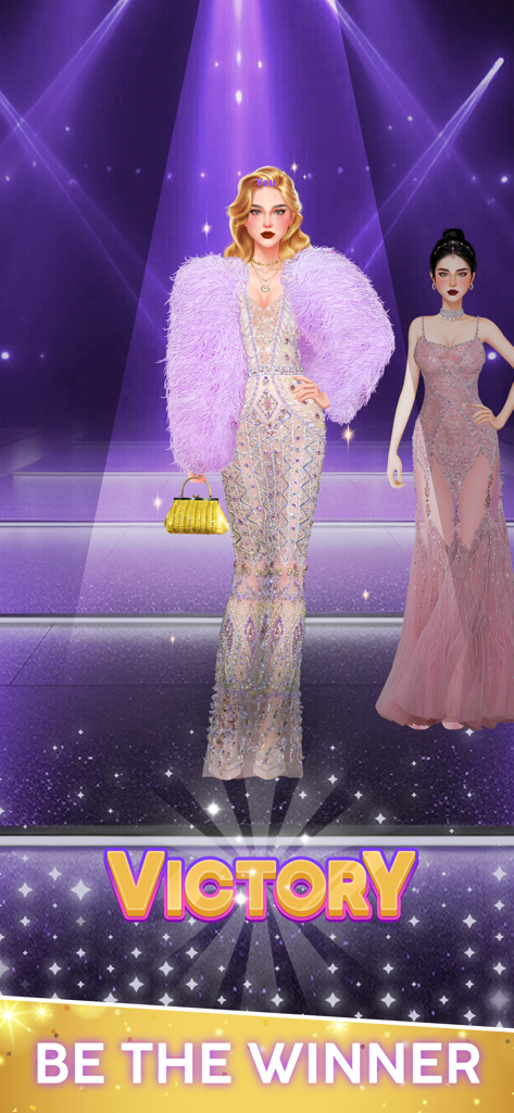 A winning fashion battle scene featuring two models in elegant gowns on a spotlighted stage with the text Victory Be The Winner.