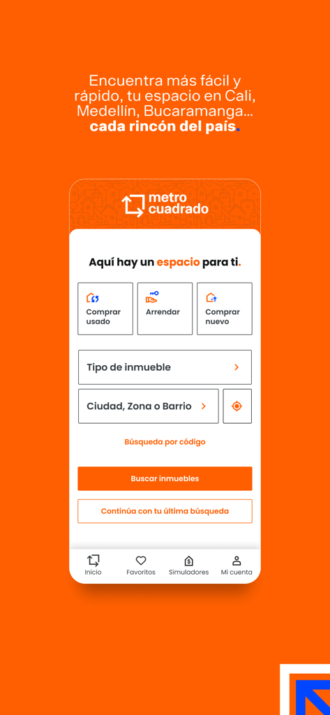 Metrocuadrado - Metrocuadrado app home screen featuring property search filters for buying or renting real estate in Colombia