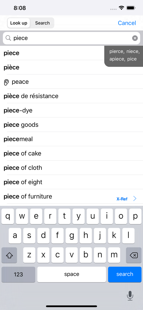 WordWeb Dictionary app interface showing search results and spelling suggestions for the word piece